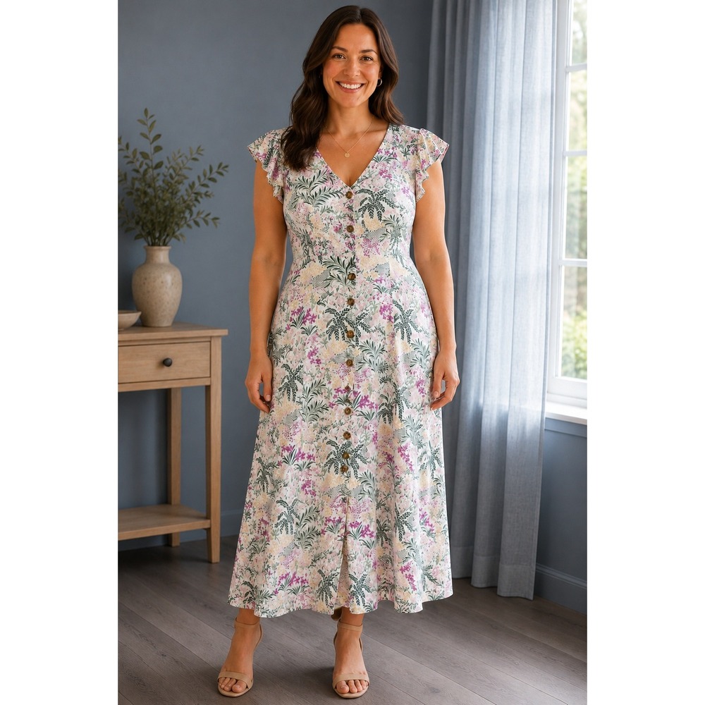 Wonderly Midi Dress Womens PL Ivory Floral Linen Blend‎ Flutter Sleeve Button Up